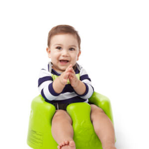 Bumbo brand baby seat with baby model.