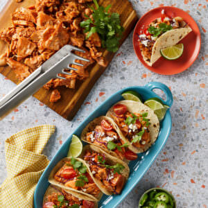 Top down view of a street tacos lifestyle image showcasing a product.
