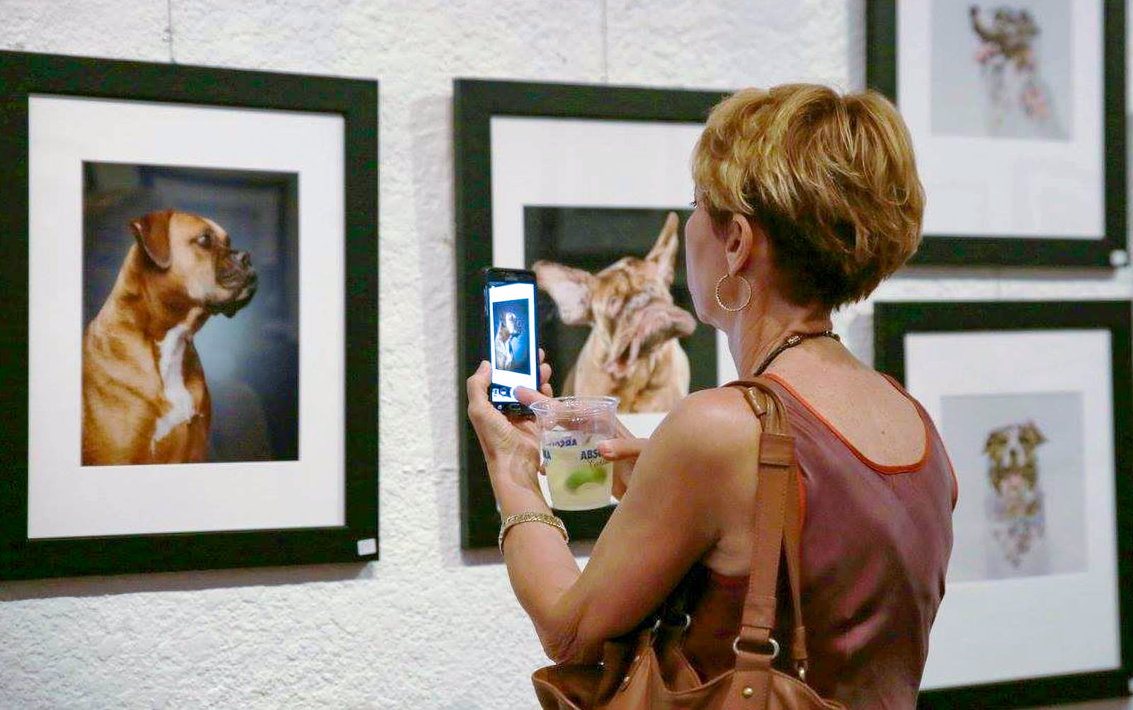 Woman taking photo of boxer pet portrait on gallery wall.