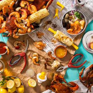 Shrimp boil lifestyle image featuring several products for Chef'n.