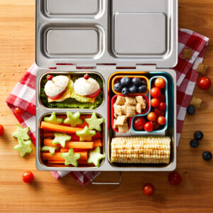 Styled kitchen counter lifestyle of planetbox lunch box.