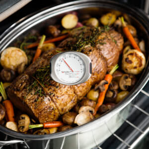 Food thermometer lifestyle photography feature roast and vegetables.